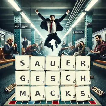Kreative Illustration für ein Scrabble-Spiel, bei dem das Wort SAUERGESCHMACKS mit Steinen auf dem Brett gelegt wurde.