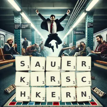 Kreative Illustration für ein Scrabble-Spiel, bei dem das Wort SAUERKIRSCHKERN mit Steinen auf dem Brett gelegt wurde.