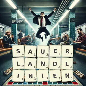 Kreative Illustration für ein Scrabble-Spiel, bei dem das Wort SAUERLANDLINIEN mit Steinen auf dem Brett gelegt wurde.