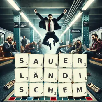 Kreative Illustration für ein Scrabble-Spiel, bei dem das Wort SAUERLÄNDISCHEM mit Steinen auf dem Brett gelegt wurde.