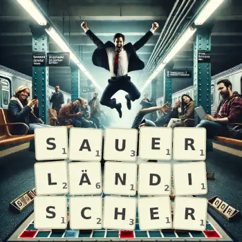Kreative Illustration für ein Scrabble-Spiel, bei dem das Wort SAUERLÄNDISCHER mit Steinen auf dem Brett gelegt wurde.
