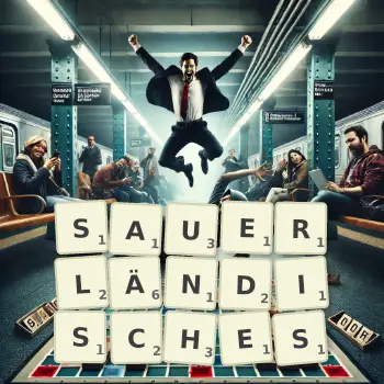 Kreative Illustration für ein Scrabble-Spiel, bei dem das Wort SAUERLÄNDISCHES mit Steinen auf dem Brett gelegt wurde.