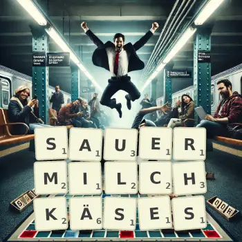 Kreative Illustration für ein Scrabble-Spiel, bei dem das Wort SAUERMILCHKÄSES mit Steinen auf dem Brett gelegt wurde.