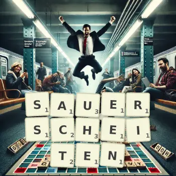 Kreative Illustration für ein Scrabble-Spiel, bei dem das Wort SAUERSCHEITEN mit Steinen auf dem Brett gelegt wurde.