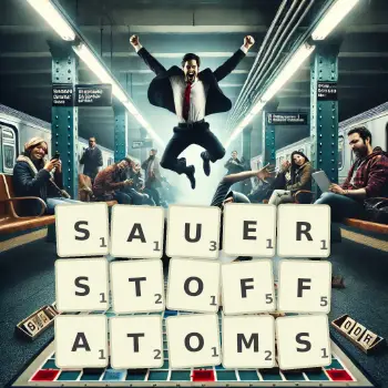 Kreative Illustration für ein Scrabble-Spiel, bei dem das Wort SAUERSTOFFATOMS mit Steinen auf dem Brett gelegt wurde.