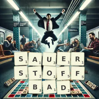 Kreative Illustration für ein Scrabble-Spiel, bei dem das Wort SAUERSTOFFBAD mit Steinen auf dem Brett gelegt wurde.