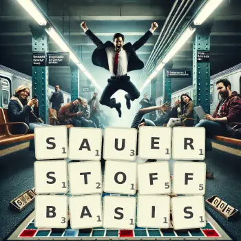 Kreative Illustration für ein Scrabble-Spiel, bei dem das Wort SAUERSTOFFBASIS mit Steinen auf dem Brett gelegt wurde.