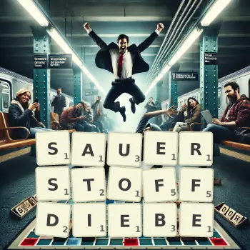 Kreative Illustration für ein Scrabble-Spiel, bei dem das Wort SAUERSTOFFDIEBE mit Steinen auf dem Brett gelegt wurde.