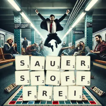 Kreative Illustration für ein Scrabble-Spiel, bei dem das Wort SAUERSTOFFFREI mit Steinen auf dem Brett gelegt wurde.