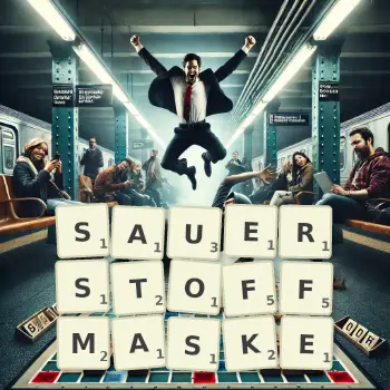 Kreative Illustration für ein Scrabble-Spiel, bei dem das Wort SAUERSTOFFMASKE mit Steinen auf dem Brett gelegt wurde.