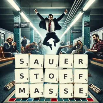 Kreative Illustration für ein Scrabble-Spiel, bei dem das Wort SAUERSTOFFMASSE mit Steinen auf dem Brett gelegt wurde.