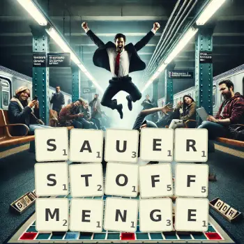 Kreative Illustration für ein Scrabble-Spiel, bei dem das Wort SAUERSTOFFMENGE mit Steinen auf dem Brett gelegt wurde.