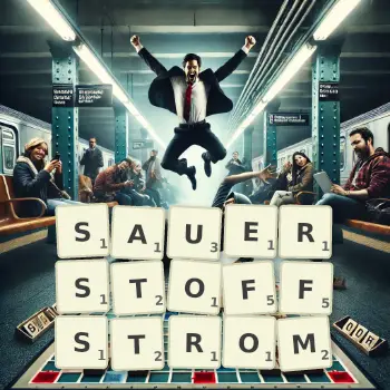 Kreative Illustration für ein Scrabble-Spiel, bei dem das Wort SAUERSTOFFSTROM mit Steinen auf dem Brett gelegt wurde.