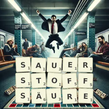 Kreative Illustration für ein Scrabble-Spiel, bei dem das Wort SAUERSTOFFSÄURE mit Steinen auf dem Brett gelegt wurde.