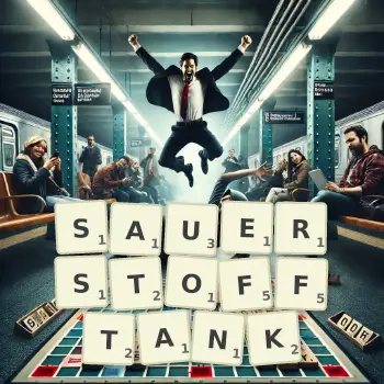 Kreative Illustration für ein Scrabble-Spiel, bei dem das Wort SAUERSTOFFTANK mit Steinen auf dem Brett gelegt wurde.