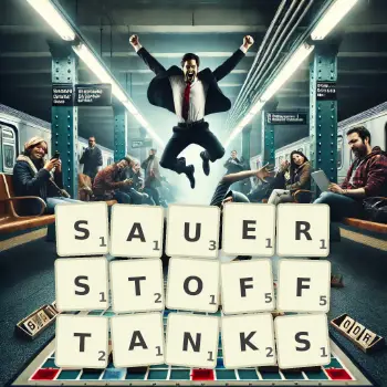 Kreative Illustration für ein Scrabble-Spiel, bei dem das Wort SAUERSTOFFTANKS mit Steinen auf dem Brett gelegt wurde.