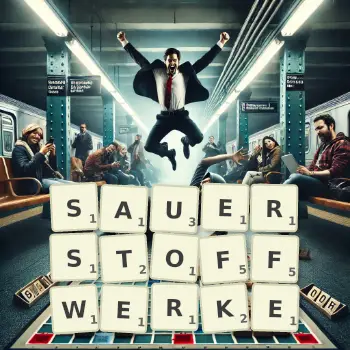 Kreative Illustration für ein Scrabble-Spiel, bei dem das Wort SAUERSTOFFWERKE mit Steinen auf dem Brett gelegt wurde.