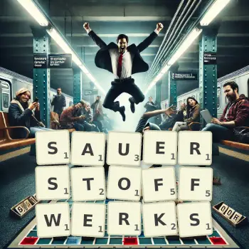 Kreative Illustration für ein Scrabble-Spiel, bei dem das Wort SAUERSTOFFWERKS mit Steinen auf dem Brett gelegt wurde.