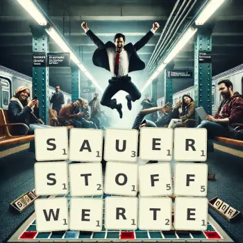 Kreative Illustration für ein Scrabble-Spiel, bei dem das Wort SAUERSTOFFWERTE mit Steinen auf dem Brett gelegt wurde.