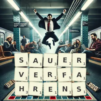 Kreative Illustration für ein Scrabble-Spiel, bei dem das Wort SAUERVERFAHRENS mit Steinen auf dem Brett gelegt wurde.