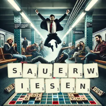 Kreative Illustration für ein Scrabble-Spiel, bei dem das Wort SAUERWIESEN mit Steinen auf dem Brett gelegt wurde.