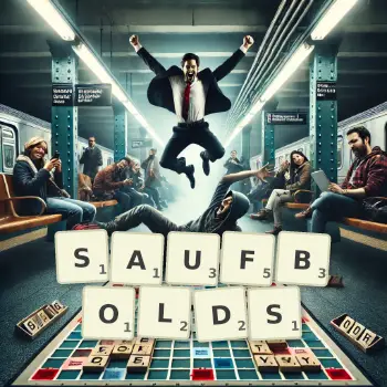 Kreative Illustration für ein Scrabble-Spiel, bei dem das Wort SAUFBOLDS mit Steinen auf dem Brett gelegt wurde.