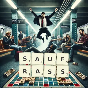 Kreative Illustration für ein Scrabble-Spiel, bei dem das Wort SAUFRASS mit Steinen auf dem Brett gelegt wurde.