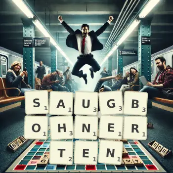 Kreative Illustration für ein Scrabble-Spiel, bei dem das Wort SAUGBOHNERTEN mit Steinen auf dem Brett gelegt wurde.