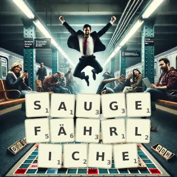 Kreative Illustration für ein Scrabble-Spiel, bei dem das Wort SAUGEFÄHRLICHE mit Steinen auf dem Brett gelegt wurde.