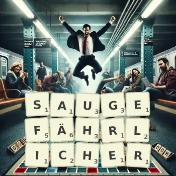 Kreative Illustration für ein Scrabble-Spiel, bei dem das Wort SAUGEFÄHRLICHER mit Steinen auf dem Brett gelegt wurde.