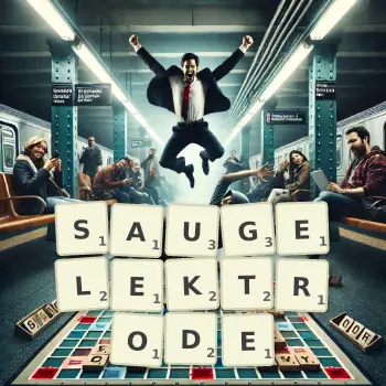 Kreative Illustration für ein Scrabble-Spiel, bei dem das Wort SAUGELEKTRODE mit Steinen auf dem Brett gelegt wurde.
