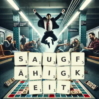 Kreative Illustration für ein Scrabble-Spiel, bei dem das Wort SAUGFÄHIGKEIT mit Steinen auf dem Brett gelegt wurde.