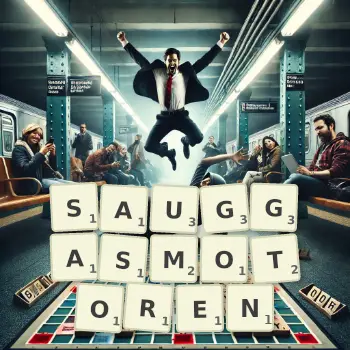 Kreative Illustration für ein Scrabble-Spiel, bei dem das Wort SAUGGASMOTOREN mit Steinen auf dem Brett gelegt wurde.