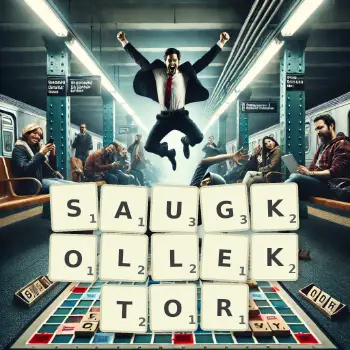 Kreative Illustration für ein Scrabble-Spiel, bei dem das Wort SAUGKOLLEKTOR mit Steinen auf dem Brett gelegt wurde.