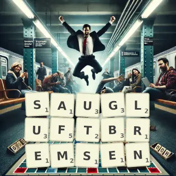 Kreative Illustration für ein Scrabble-Spiel, bei dem das Wort SAUGLUFTBREMSEN mit Steinen auf dem Brett gelegt wurde.