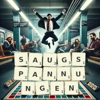 Kreative Illustration für ein Scrabble-Spiel, bei dem das Wort SAUGSPANNUNGEN mit Steinen auf dem Brett gelegt wurde.