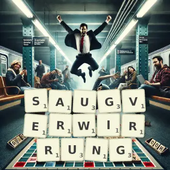 Kreative Illustration für ein Scrabble-Spiel, bei dem das Wort SAUGVERWIRRUNG mit Steinen auf dem Brett gelegt wurde.