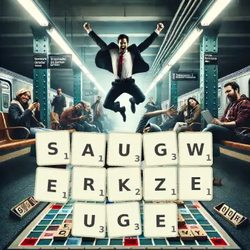 Kreative Illustration für ein Scrabble-Spiel, bei dem das Wort SAUGWERKZEUGE mit Steinen auf dem Brett gelegt wurde.