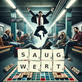 Kreative Illustration für ein Scrabble-Spiel, bei dem das Wort SAUGWERT mit Steinen auf dem Brett gelegt wurde.