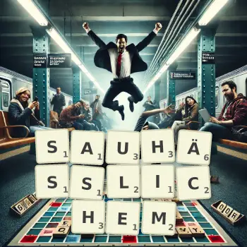 Kreative Illustration für ein Scrabble-Spiel, bei dem das Wort SAUHÄSSLICHEM mit Steinen auf dem Brett gelegt wurde.