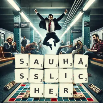 Kreative Illustration für ein Scrabble-Spiel, bei dem das Wort SAUHÄSSLICHER mit Steinen auf dem Brett gelegt wurde.