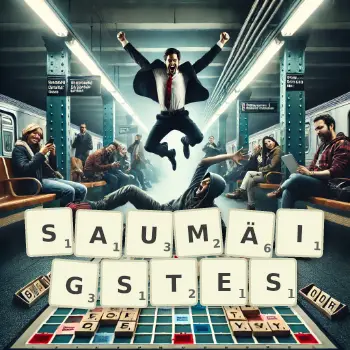 Kreative Illustration für ein Scrabble-Spiel, bei dem das Wort SAUMÄIGSTES mit Steinen auf dem Brett gelegt wurde.