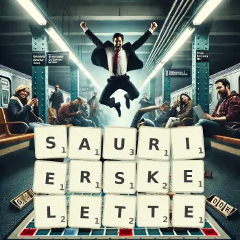 Kreative Illustration für ein Scrabble-Spiel, bei dem das Wort SAURIERSKELETTE mit Steinen auf dem Brett gelegt wurde.