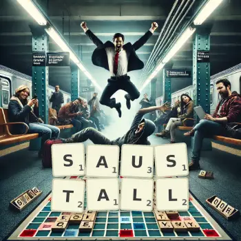 Kreative Illustration für ein Scrabble-Spiel, bei dem das Wort SAUSTALL mit Steinen auf dem Brett gelegt wurde.