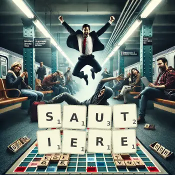 Kreative Illustration für ein Scrabble-Spiel, bei dem das Wort SAUTIERE mit Steinen auf dem Brett gelegt wurde.