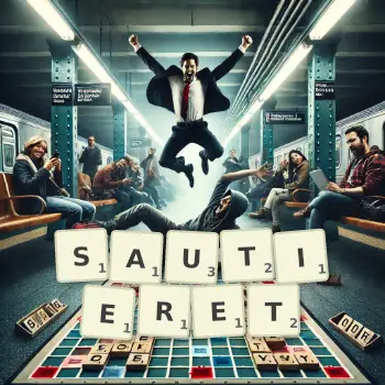 Kreative Illustration für ein Scrabble-Spiel, bei dem das Wort SAUTIERET mit Steinen auf dem Brett gelegt wurde.