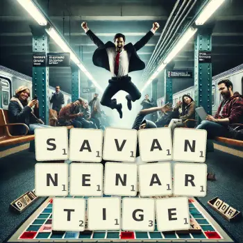 Kreative Illustration für ein Scrabble-Spiel, bei dem das Wort SAVANNENARTIGE mit Steinen auf dem Brett gelegt wurde.