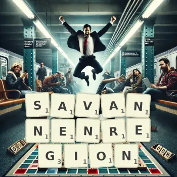 Kreative Illustration für ein Scrabble-Spiel, bei dem das Wort SAVANNENREGION mit Steinen auf dem Brett gelegt wurde.