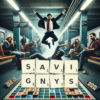 Kreative Illustration für ein Scrabble-Spiel, bei dem das Wort SAVIGNYS mit Steinen auf dem Brett gelegt wurde.