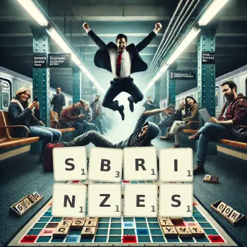 Kreative Illustration für ein Scrabble-Spiel, bei dem das Wort SBRINZES mit Steinen auf dem Brett gelegt wurde.